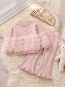 SHEIN Young Girl Autumn/Winter Fashion Fuzzy Patchwork Beaded Decor Sweater & Flared Knit Pants Set Pullover - Pink - View 7