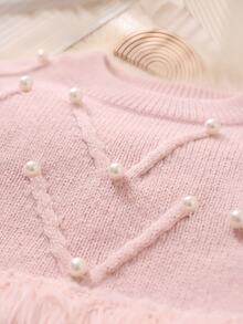 SHEIN Young Girl Autumn/Winter Fashion Fuzzy Patchwork Beaded Decor Sweater & Flared Knit Pants Set Pullover - Pink - View 5