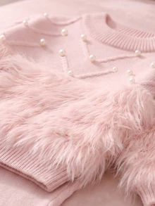 SHEIN Young Girl Autumn/Winter Fashion Fuzzy Patchwork Beaded Decor Sweater & Flared Knit Pants Set Pullover - Pink - View 4