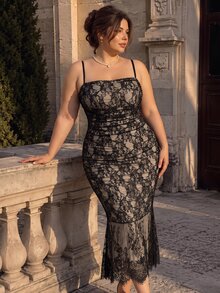 SHEIN MOD Exquisite Plus Size Women's High-End Black Lace Dress, Sheer Mid-Length, With Adjustable Straps, Perfect For Outings, Halloween, Parties, Evening Events And More - Black - View 6