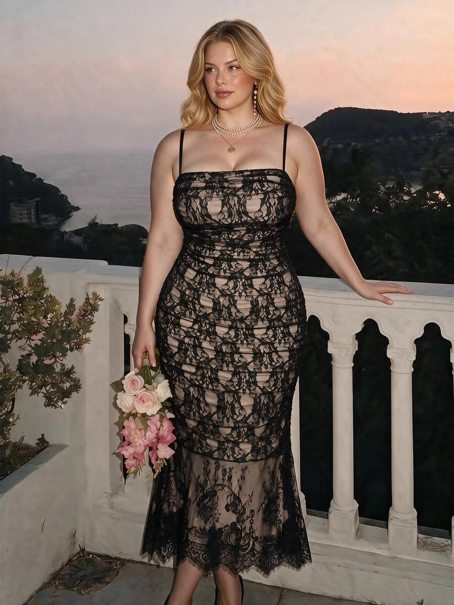 SHEIN MOD Exquisite Plus Size Women's High-End Black Lace Dress, Sheer Mid-Length, With Adjustable Straps, Perfect For Outings, Halloween, Parties, Evening Events And More - Black - View 1