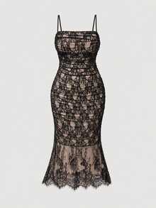 SHEIN MOD Exquisite Plus Size Women's High-End Black Lace Dress, Sheer Mid-Length, With Adjustable Straps, Perfect For Outings, Halloween, Parties, Evening Events And More - Black - View 2