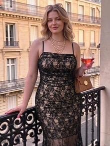 SHEIN MOD Exquisite Plus Size Women's High-End Black Lace Dress, Sheer Mid-Length, With Adjustable Straps, Perfect For Outings, Halloween, Parties, Evening Events And More - Black - View 8