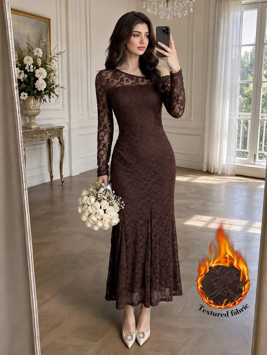 Modelyn 復古風浪漫棕色秋冬蕾絲不對稱領修身優雅女款洋裝,適合派對、晚宴、雞尾酒會 - 咖啡 - 查看 1