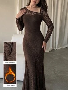 Modelyn 復古風浪漫棕色秋冬蕾絲不對稱領修身優雅女款洋裝，適合派對、晚宴、雞尾酒會 - 咖啡 - 查看 2