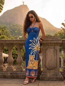CAJUNI 優雅熱帶風掛脖修身豹紋波希米亞風長洋裝 度假海灘夏季穿搭 - 藍色 - 查看 5