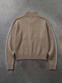 NEOSTRIT Men's Letter Pattern Long Sleeve Zip-Up Knit Cardigan, English Letter Pattern Knitted Cardigan, Two-Tone Jacquard Loose Fit Grey Graphic - Brown - View 3
