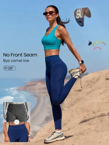 GLOWMODE Running Collection 26" PowerSculpt™ Runner's Glow Leggings Dengan Tali Serut yang Dapat Diatur di Pinggang, Kantong Samping & Detail Reflektif Pakaian Musim Gugur Musim Dingin - Dark Blue - View 1