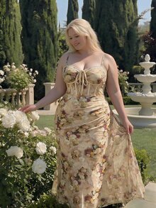 SHEIN MOD Plus Size Elegant Printed Cinched Waist Mid-Length Ball Gown, Suitable For Women's Formal Evening Party, Khaki - Khaki - View 7