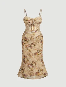 SHEIN MOD Plus Size Elegant Printed Cinched Waist Mid-Length Ball Gown, Suitable For Women's Formal Evening Party, Khaki - Khaki - View 2