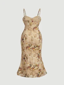 SHEIN MOD Plus Size Elegant Printed Cinched Waist Mid-Length Ball Gown, Suitable For Women's Formal Evening Party, Khaki - Khaki - View 3
