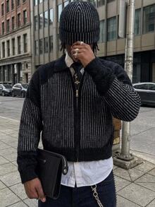 NEOSTRIT Men's Minimalist Striped Contrast Color Zip-Up Knit Cardigan, Stripe Pattern , Two-Tone Jacquard Loose Fit Black Graphic, Goth - Black - View 1