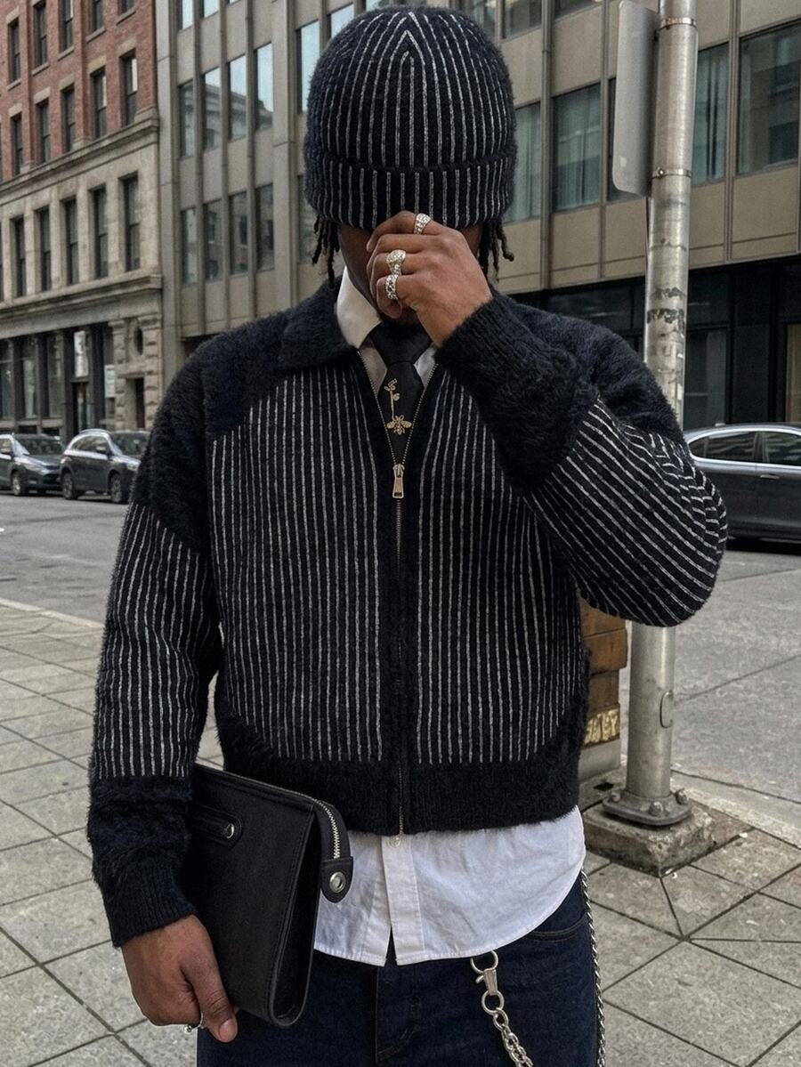 NEOSTRIT Men's Minimalist Striped Contrast Color Zip-Up Knit Cardigan, Stripe Pattern , Two-Tone Jacquard Loose Fit Black Graphic, Goth - Black - View 1