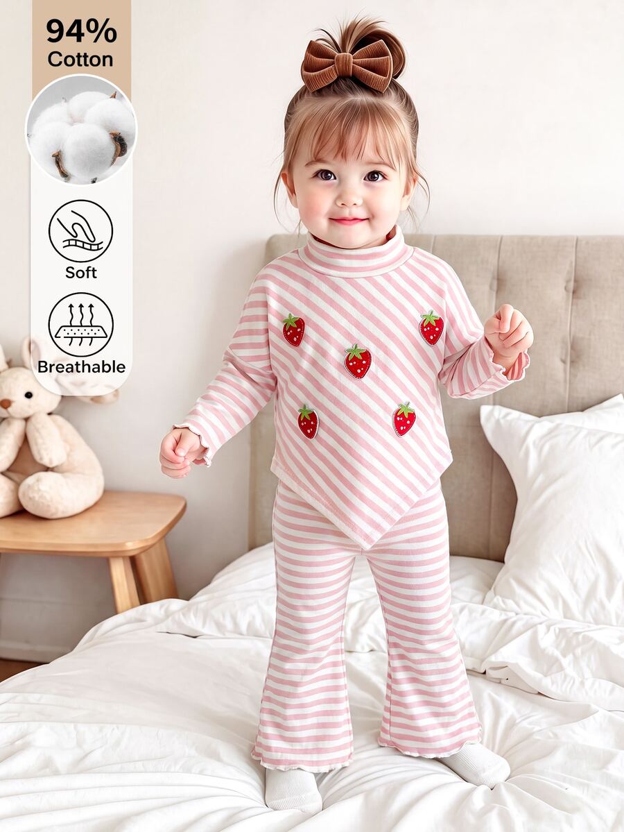 Autumn/Winter New 2-Piece Pink Striped Strawberry Pattern Set, Half-High Neck Design, Wide-Leg Pants Style, Fashionable And Sweet, Suitable For Outings, School And Other Occasions