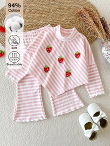 Autumn/Winter New 2-Piece Pink Striped Strawberry Pattern Set, Half-High Neck Design, Wide-Leg Pants Style, Fashionable And Sweet, Suitable For Outings, School And Other Occasions - Pink - View 7