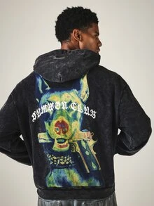 SUMWON Club Oversized Acid Washed Hoodie With Doberman Dog Graphic Back Print And Chest Logo Embroidery Streetwear Pullover - Black - View 6