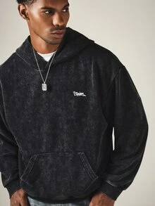 SUMWON Club Oversized Acid Washed Hoodie With Doberman Dog Graphic Back Print And Chest Logo Embroidery Streetwear Pullover - Black - View 5