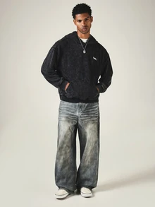 SUMWON Club Oversized Acid Washed Hoodie With Doberman Dog Graphic Back Print And Chest Logo Embroidery Streetwear Pullover - Black - View 3