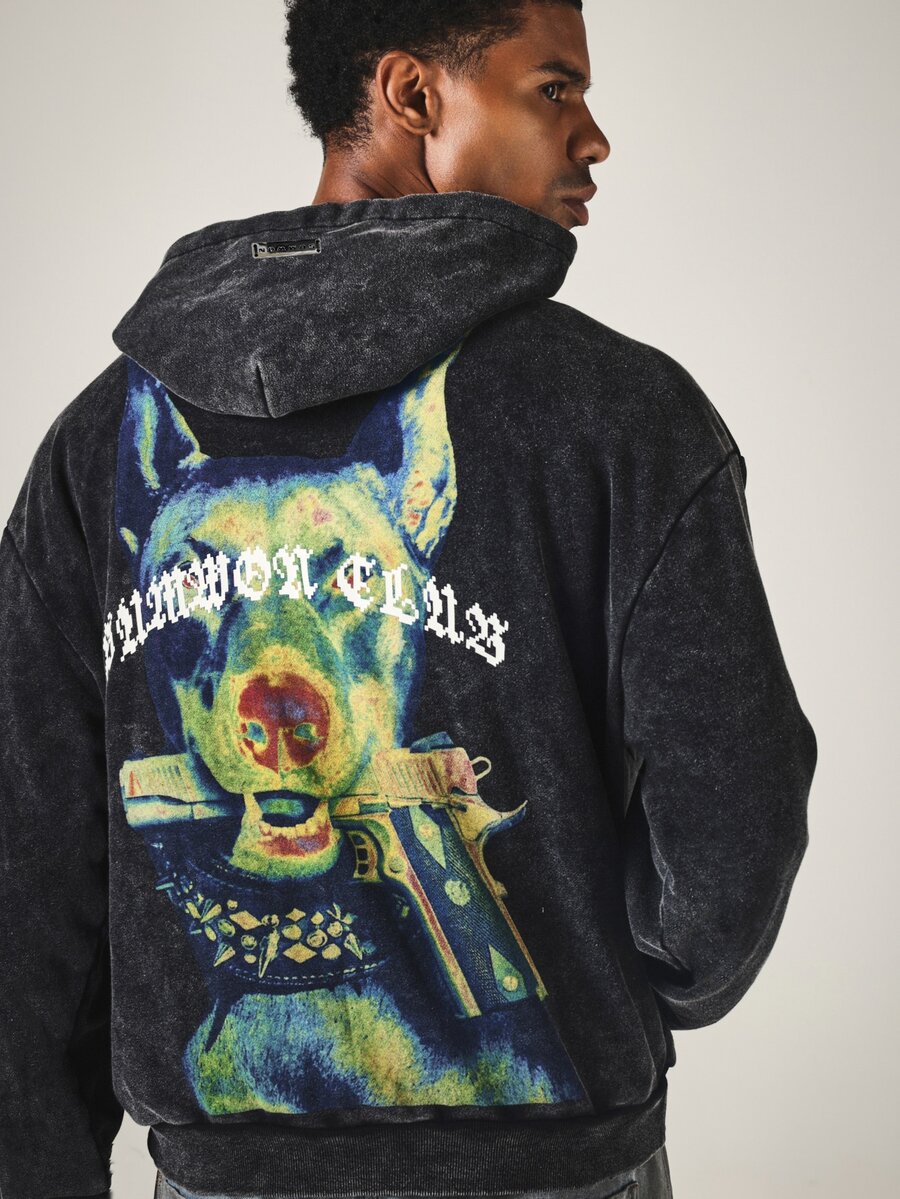 SUMWON Club Oversized Acid Washed Hoodie With Doberman Dog Graphic Back Print And Chest Logo Embroidery Streetwear Pullover - Black - View 1