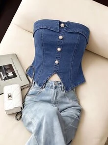 Elenzga Women's Single-Breasted Casual Versatile Daily Wear Strapless Denim Top - Blue - View 3