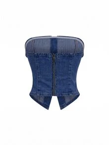 Elenzga Women's Single-Breasted Casual Versatile Daily Wear Strapless Denim Top - Blue - View 2