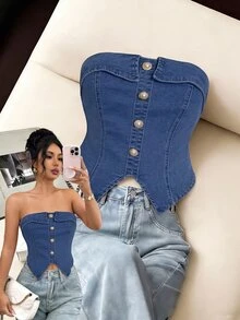 Elenzga Women's Single-Breasted Casual Versatile Daily Wear Strapless Denim Top - Blue - View 1