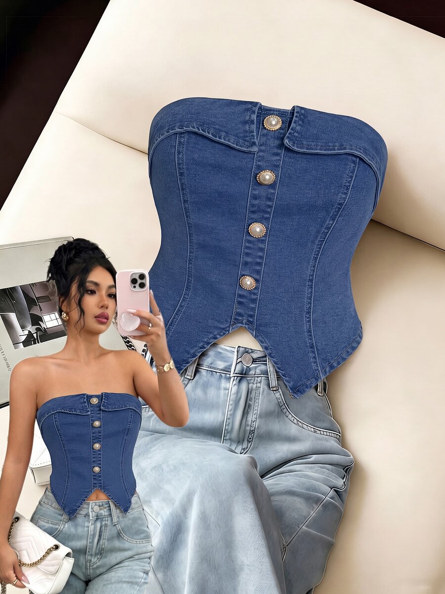 Elenzga Women's Single-Breasted Casual Versatile Daily Wear Strapless Denim Top - Blue - View 1