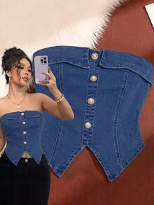 Elenzga Women's Single-Breasted Casual Versatile Daily Wear Strapless Denim Top - Blue - View 4