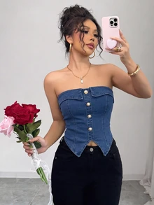 Elenzga Women's Single-Breasted Casual Versatile Daily Wear Strapless Denim Top - Blue - View 6