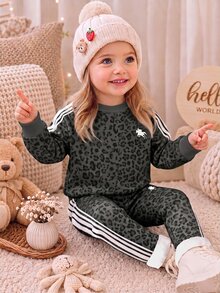 Baby Girl Leopard Print Contrast Striped Side Pullover Autumn Sweatshirt & Sweatpants Set - Multicolor - View 7