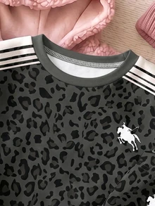 Baby Girl Leopard Print Contrast Striped Side Pullover Autumn Sweatshirt & Sweatpants Set - Multicolor - View 5