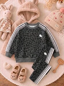 Baby Girl Leopard Print Contrast Striped Side Pullover Autumn Sweatshirt & Sweatpants Set - Multicolor - View 1