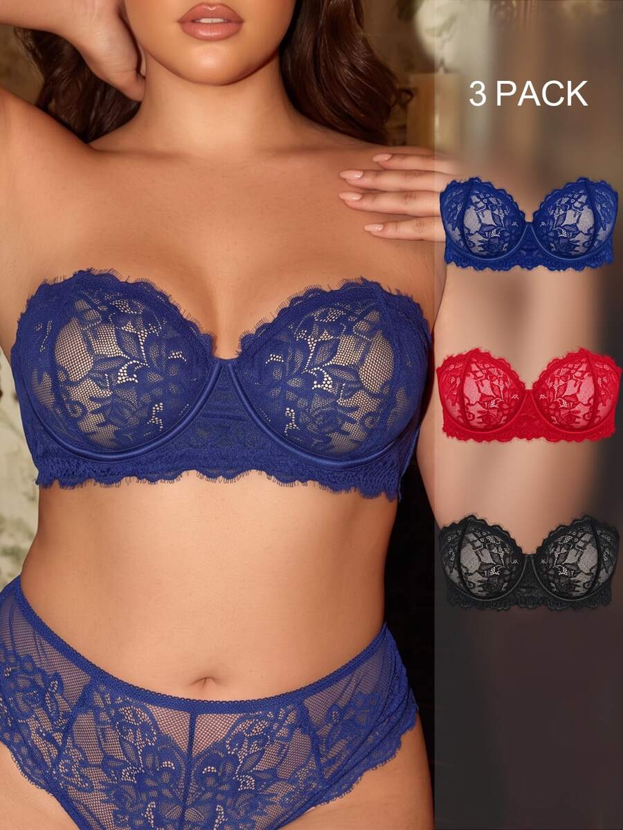 Divavoom مجموعة حمالات صدر دانتيل بدون حمالات كلاسيكية مثيرة مقاس كبير، 3 قطع، 3 ألوان - متعدد الألوان - مشاهدة 1