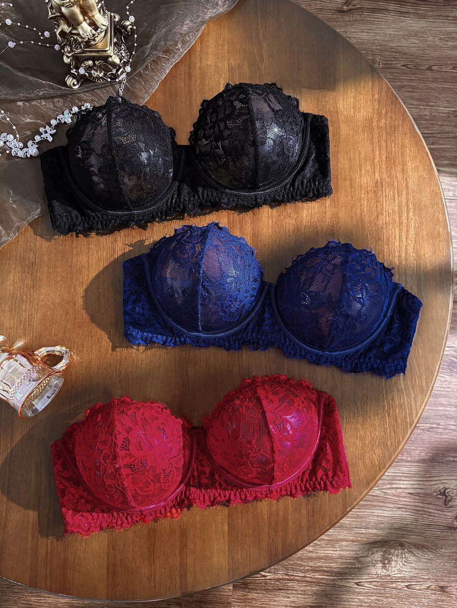Divavoom 大尺碼經典性感無肩帶蕾絲內衣 3 件組,3 色 - 彩色 - 查看 1