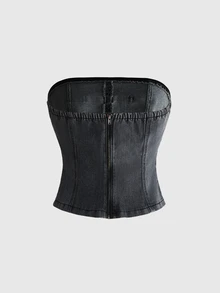 ROMWE Autumn/Winter Rebellious Denim Y2K Millennium Style Vintage Chinese Frog Button Decor Distressed Washed Fitted Denim Top For Women - Dark Grey - View 8