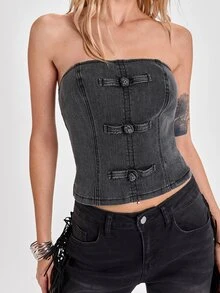 ROMWE Autumn/Winter Rebellious Denim Y2K Millennium Style Vintage Chinese Frog Button Decor Distressed Washed Fitted Denim Top For Women - Dark Grey - View 2