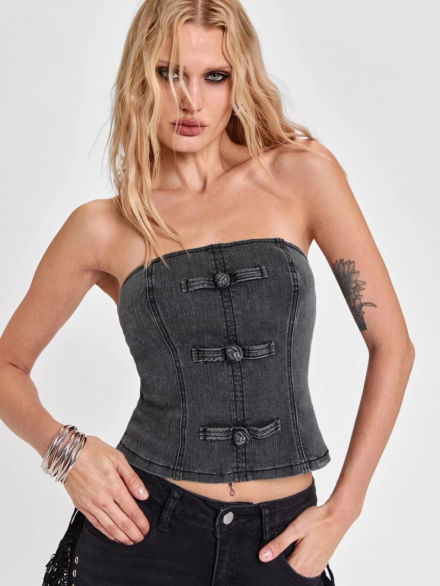 ROMWE Autumn/Winter Rebellious Denim Y2K Millennium Style Vintage Chinese Frog Button Decor Distressed Washed Fitted Denim Top For Women - Dark Grey - View 1