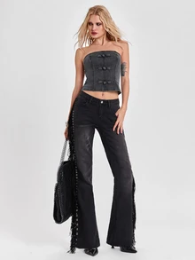 ROMWE Autumn/Winter Rebellious Denim Y2K Millennium Style Vintage Chinese Frog Button Decor Distressed Washed Fitted Denim Top For Women - Dark Grey - View 3