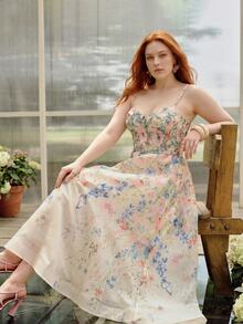 MOTF PLUS SIZE WOMEN'S ELEGANT PREMIUM FLORAL PRINT BELTED COCKTAIL SLIP DRESS - Multicolor - View 4