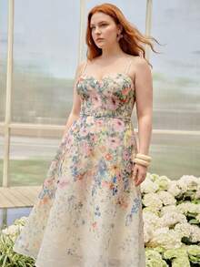MOTF PLUS SIZE WOMEN'S ELEGANT PREMIUM FLORAL PRINT BELTED COCKTAIL SLIP DRESS - Multicolor - View 3