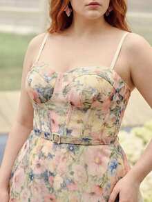MOTF PLUS SIZE WOMEN'S ELEGANT PREMIUM FLORAL PRINT BELTED COCKTAIL SLIP DRESS - Multicolor - View 6