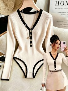 SHEIN Franclia Women's Colorblock Trim Long Sleeve Bodysuit Office Black And White Autumn Casual Elegant - Apricot - View 3