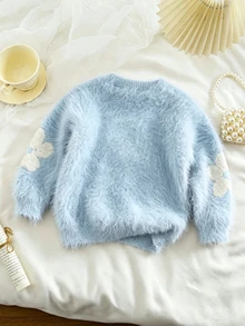 SHEIN Girls' Round-Neck Pullover Long-Sleeved Sweater In Cute Pink Made Of Artificial With A Ro Autumn - Baby Blue - View 2