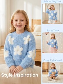 SHEIN Girls' Round-Neck Pullover Long-Sleeved Sweater In Cute Pink Made Of Artificial With A Ro Autumn - Baby Blue - View 6