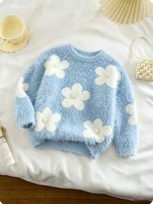 SHEIN Girls' Round-Neck Pullover Long-Sleeved Sweater In Cute Pink Made Of Artificial With A Ro Autumn - Baby Blue - View 1