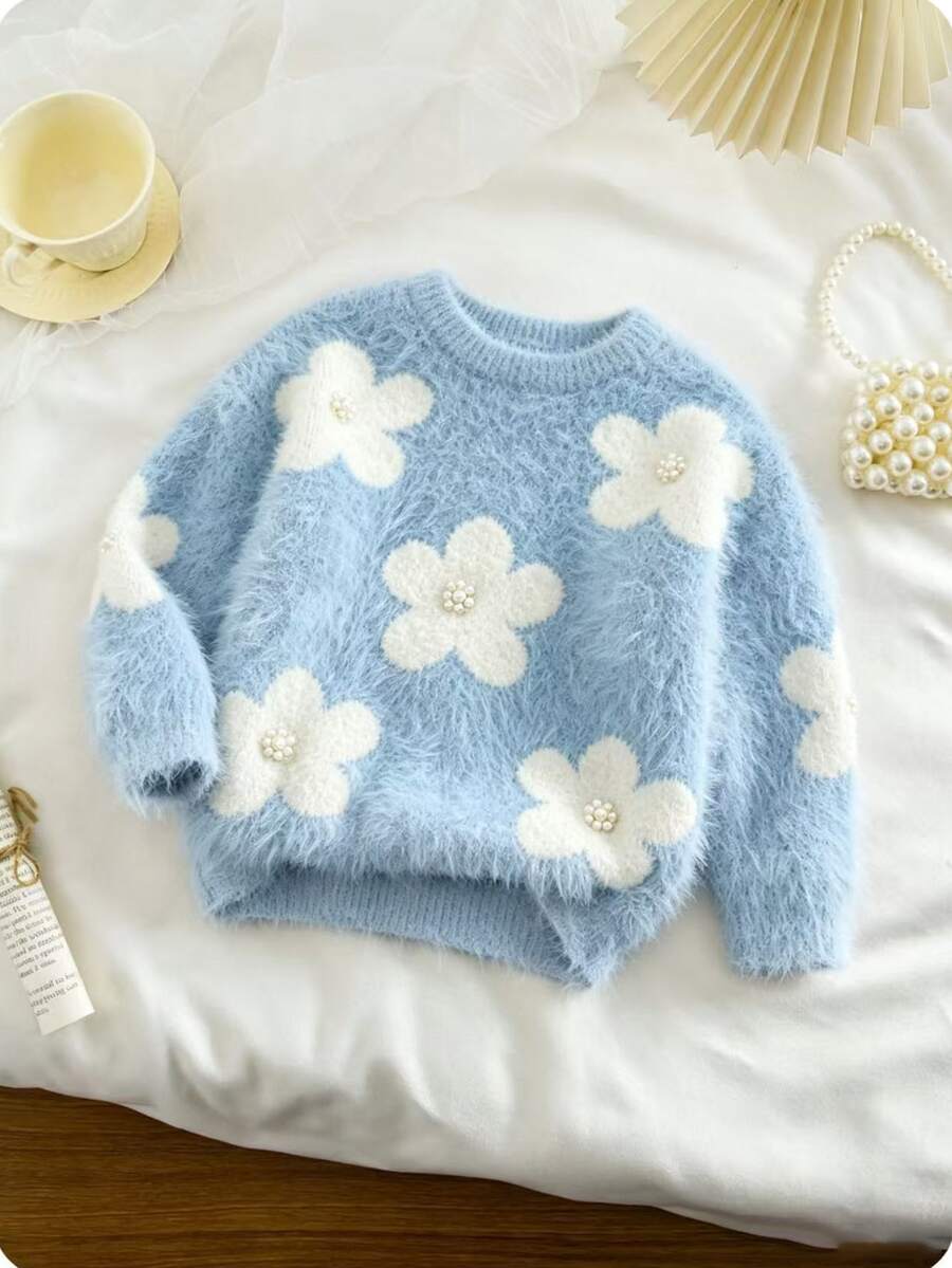 SHEIN Girls' Round-Neck Pullover Long-Sleeved Sweater In Cute Pink Made Of Artificial With A Ro Autumn - Baby Blue - View 1