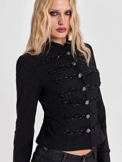 Autumn/Winter Street Minimalist Casual Y2K Millennium Style Slim Fit Structured Shoulder Napoleon Style Sequin Trim Metal Button Cropped Jacket For Women