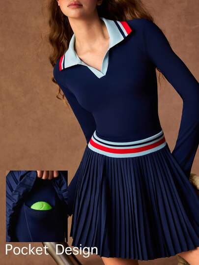 VARSIVA Women's Patchwork Striped Collar Long Sleeve Pleated Hem Sports Dress With Shorts