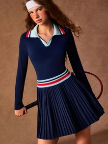 VARSIVA Women's Patchwork Striped Collar Long Sleeve Pleated Hem Sports Dress With Shorts - Multicolor - View 5