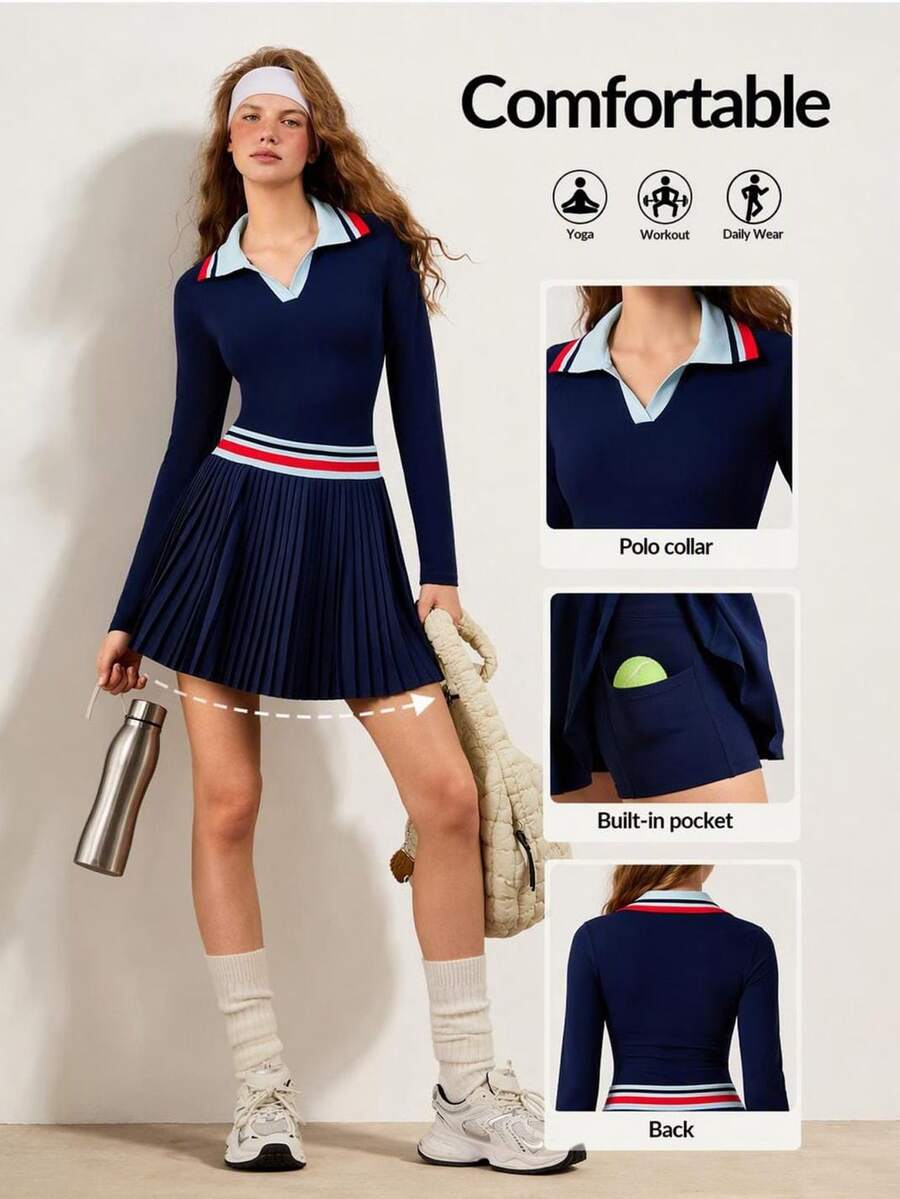 VARSIVA Women's Patchwork Striped Collar Long Sleeve Pleated Hem Sports Dress With Shorts - Multicolor - View 1